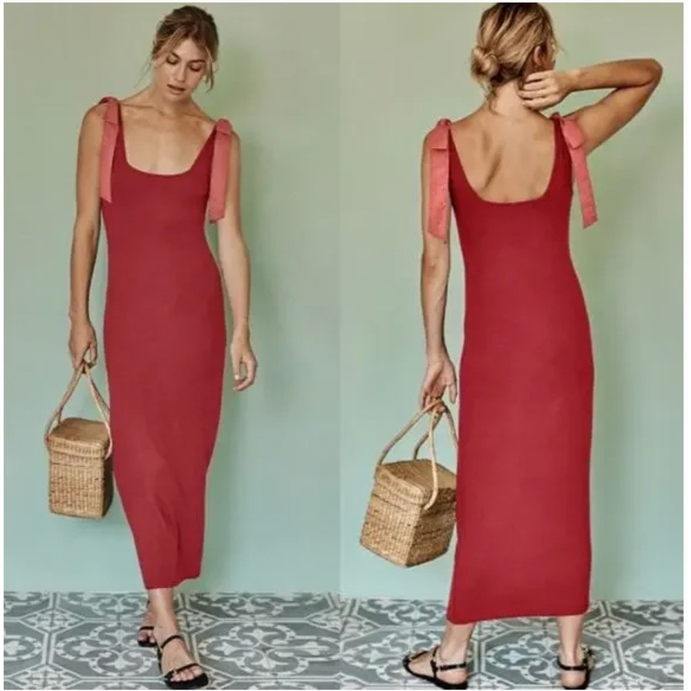 Summersalt Softest Ribbed Maxi Dress Tie Shoulder NWT Lychee Pomegranate Pink M